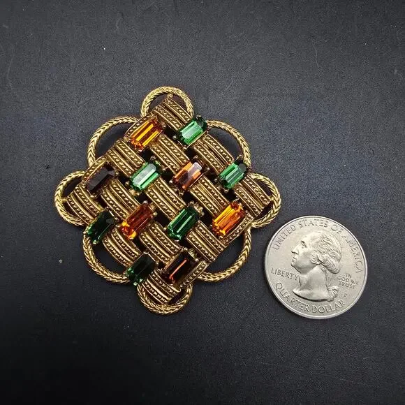 Florenza Fall Color Rhinestone Brooch Basket Weave Gold Tone Vintage Jewelry - Picture 2 of 10